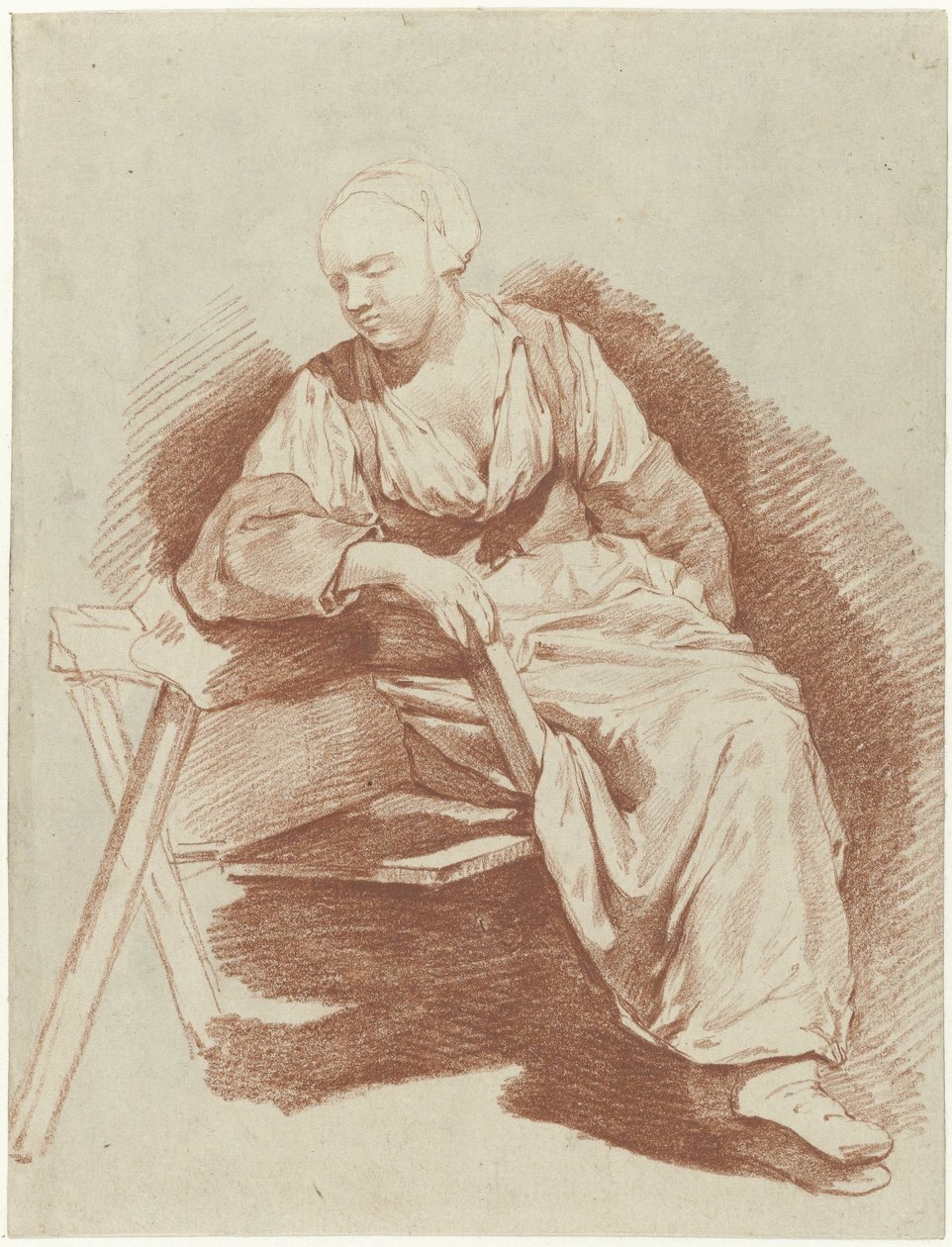 Studie av en kvinne som sitter og lener seg på høyre arm av Cornelis Pietersz. Bega