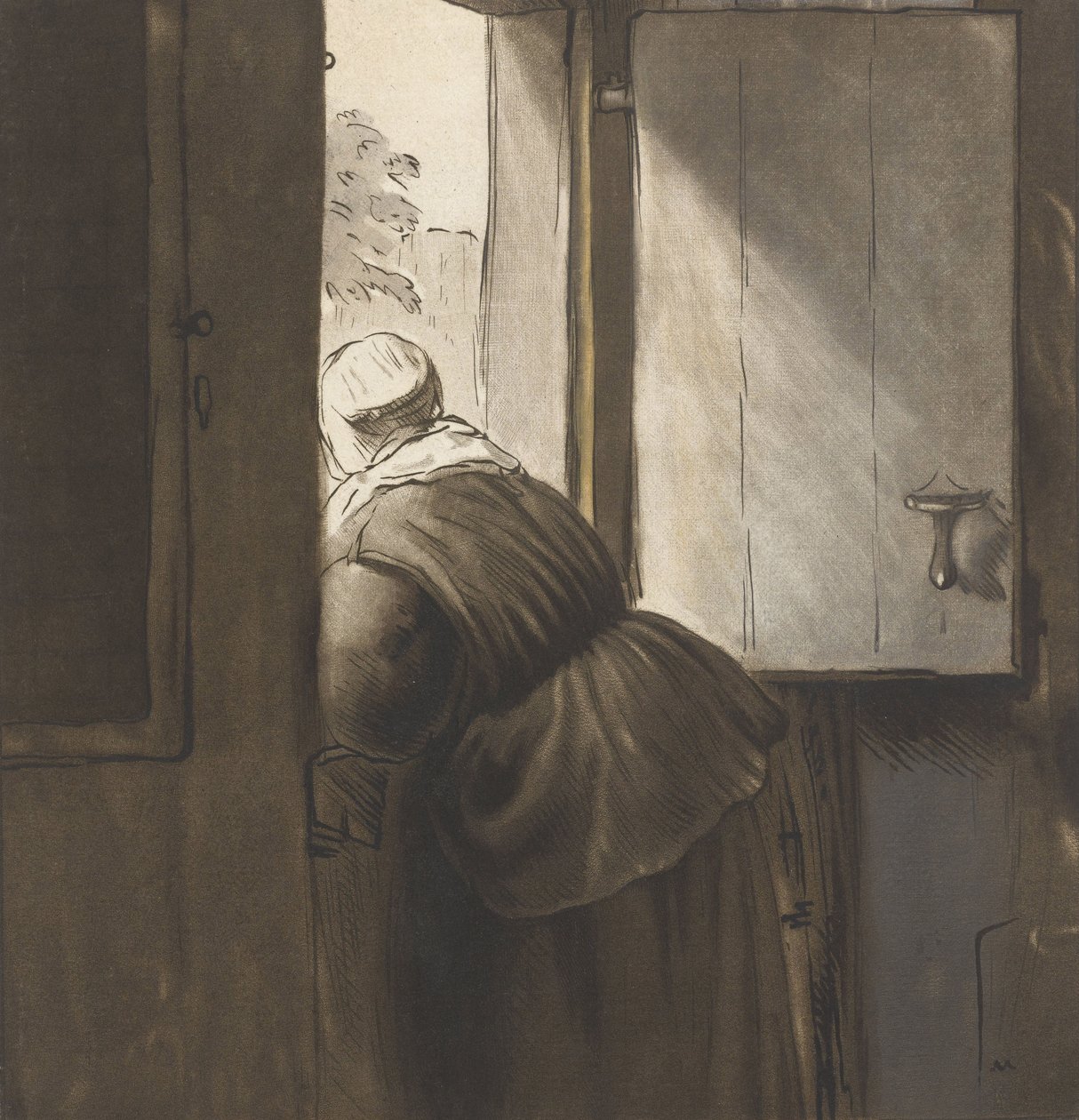 A Woman Leaning on the Bottom Door, etter Rembrandt van Rijn av Cornelis Ploos van Amstel