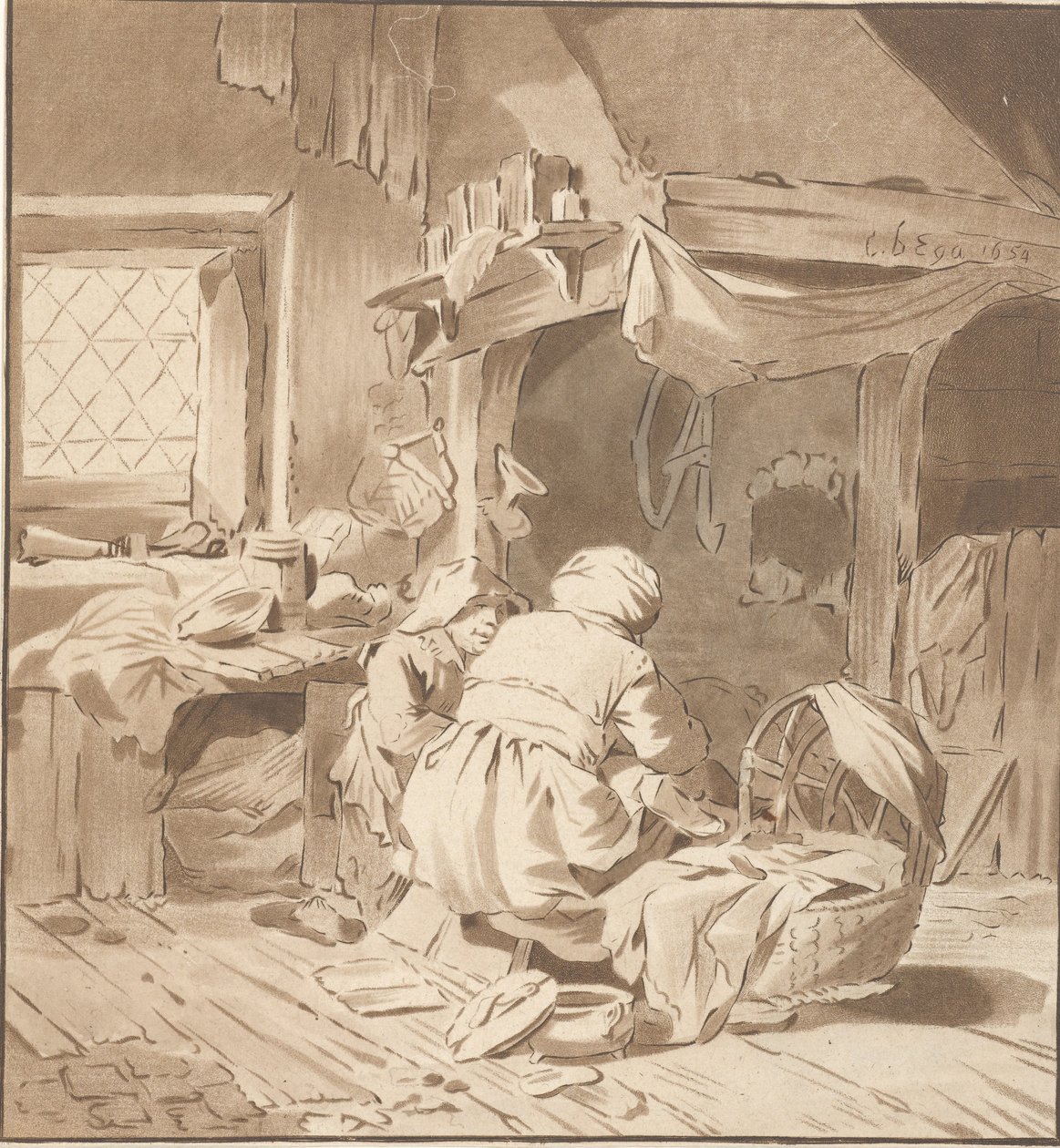 Våningshus interiør med to kvinner av Cornelis Ploos van Amstel (signed by artist)
