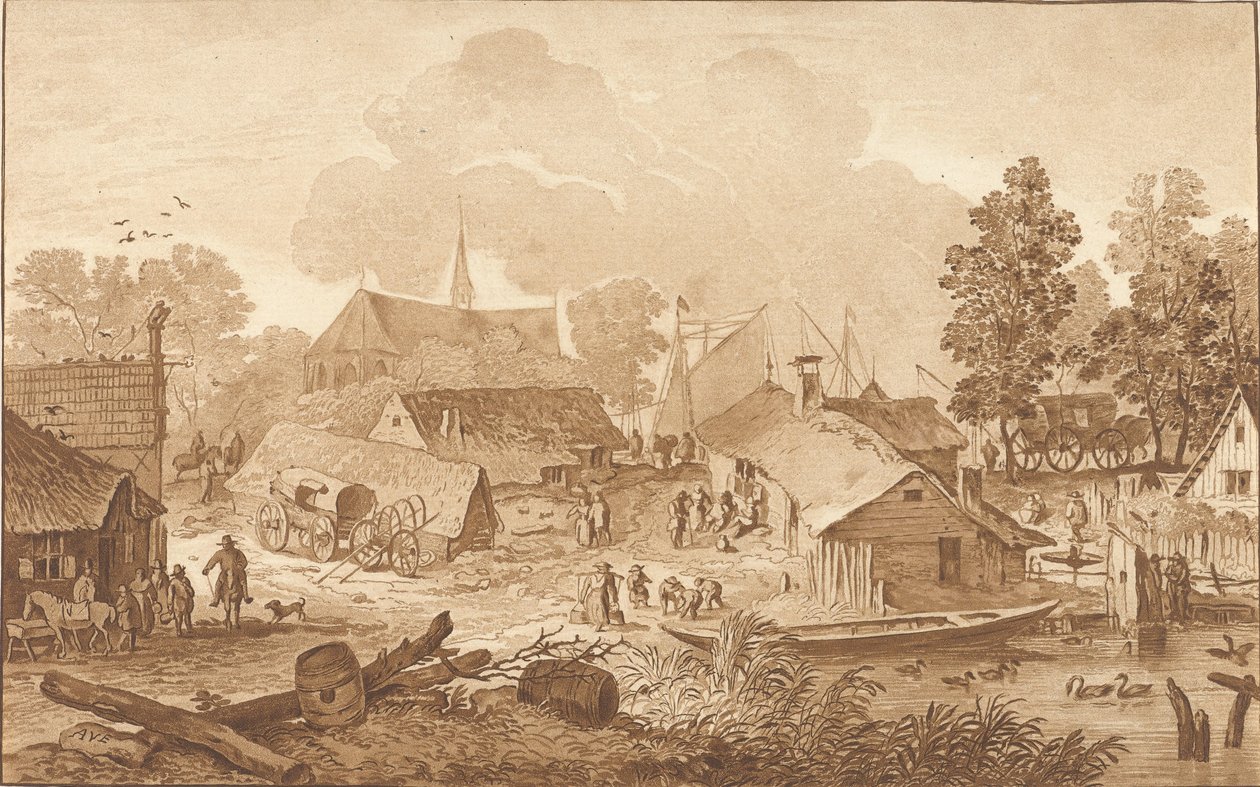 Landsbyutsikt med dam av Cornelis Ploos van Amstel (signed by artist)