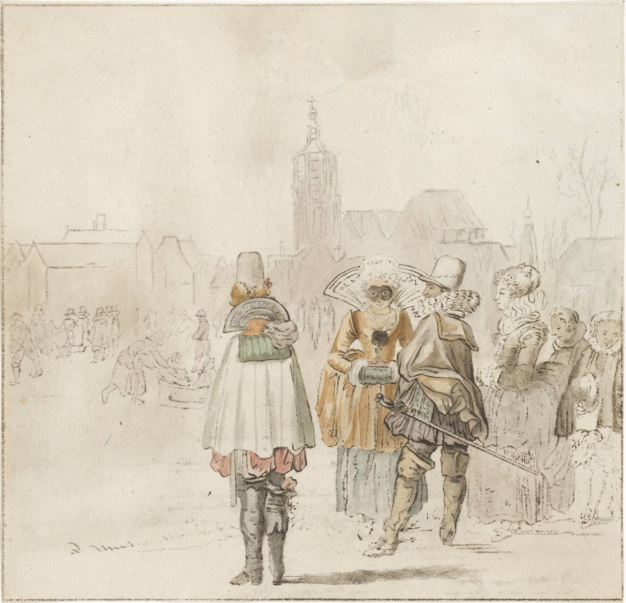 Elegant selskap på isen av Cornelis Ploos van Amstel (signed by artist)