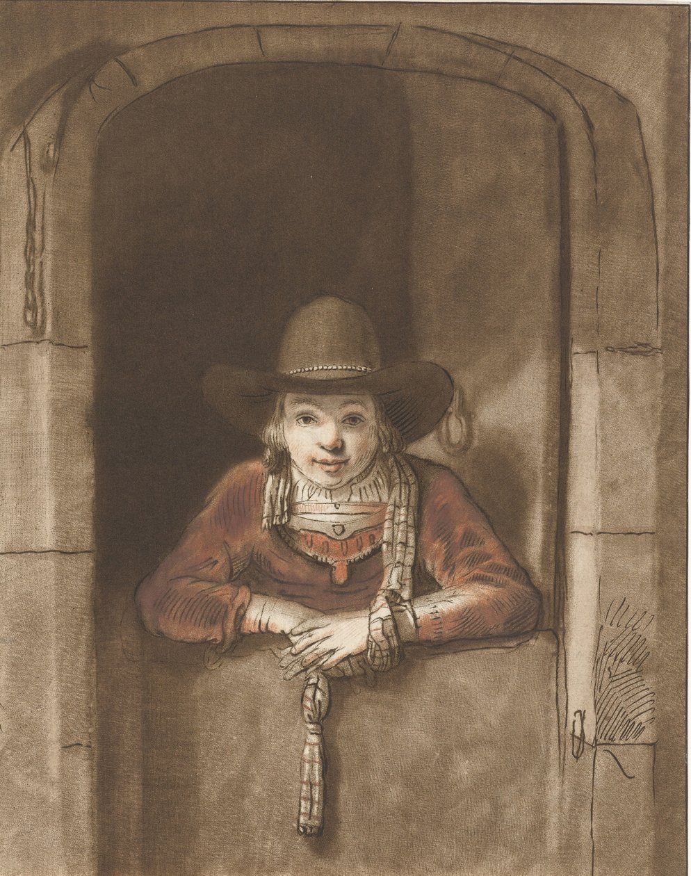 Gutt lener seg over en bunndør av Cornelis Ploos van Amstel (signed by artist)