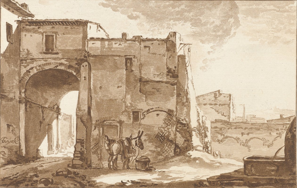 Port med reisende og muldyr av Cornelis Ploos van Amstel (signed by artist)