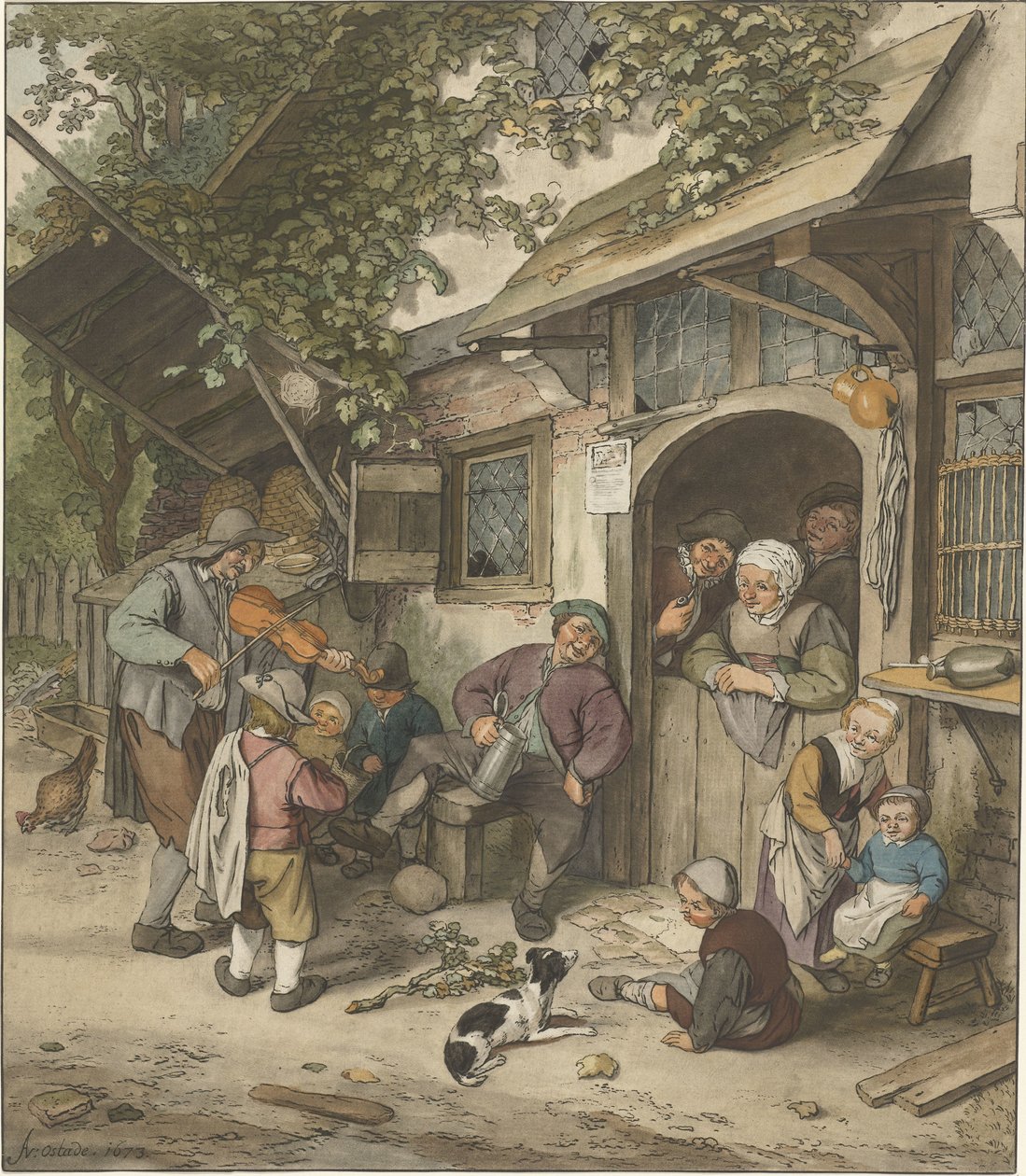 Spelemann foran et vertshus av Cornelis Ploos van Amstel (signed by artist)