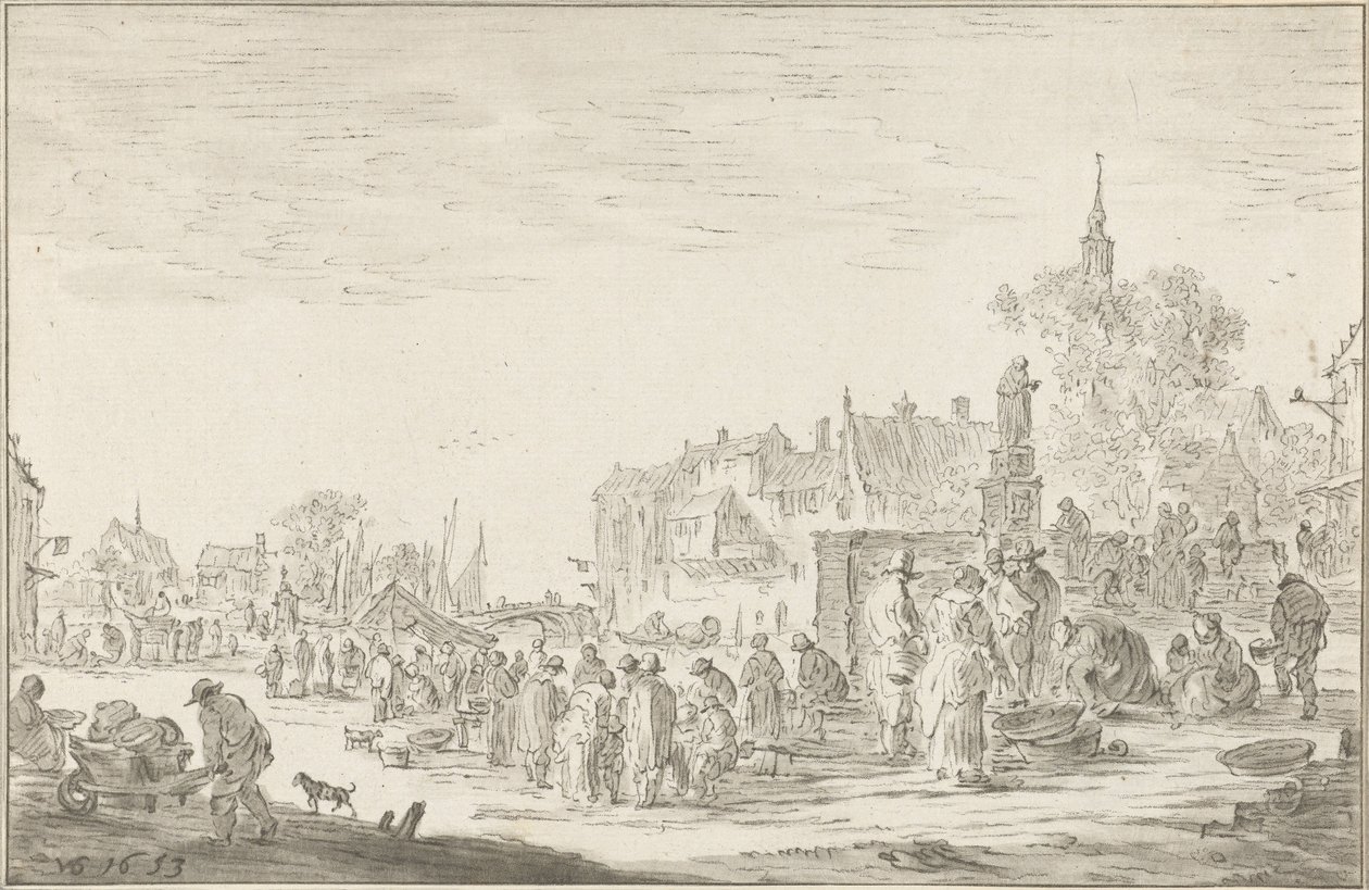 fiskemarked av Cornelis Ploos van Amstel (signed by artist)
