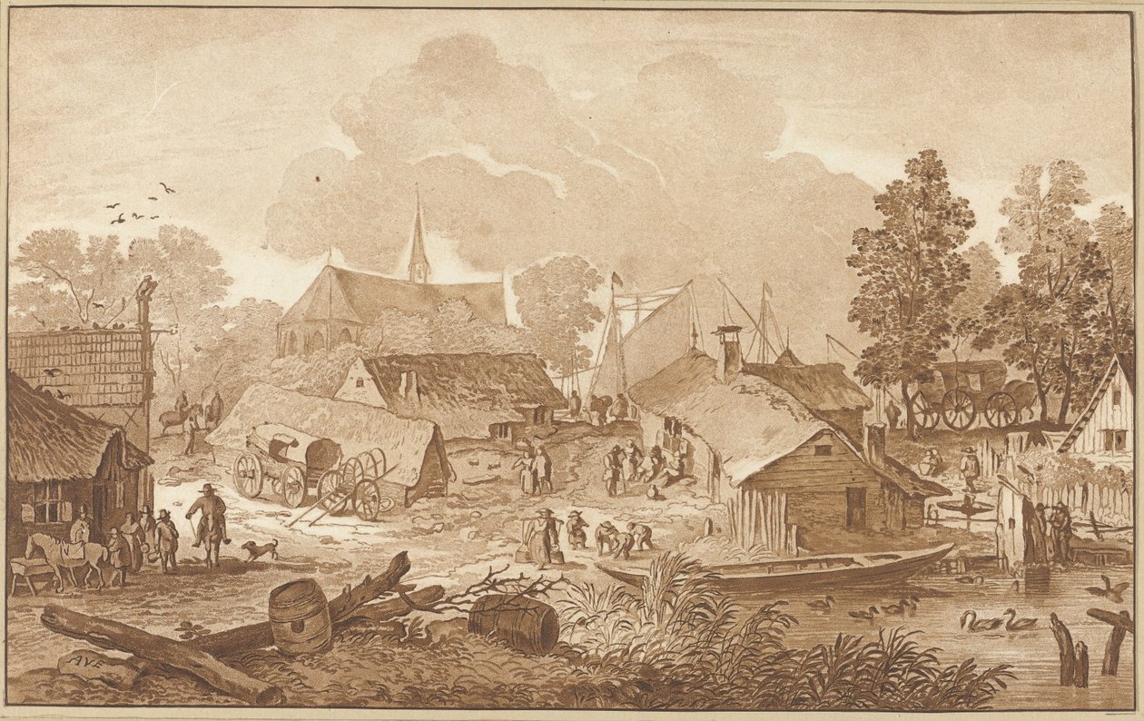 Landsbyutsikt med dam av Cornelis Ploos van Amstel