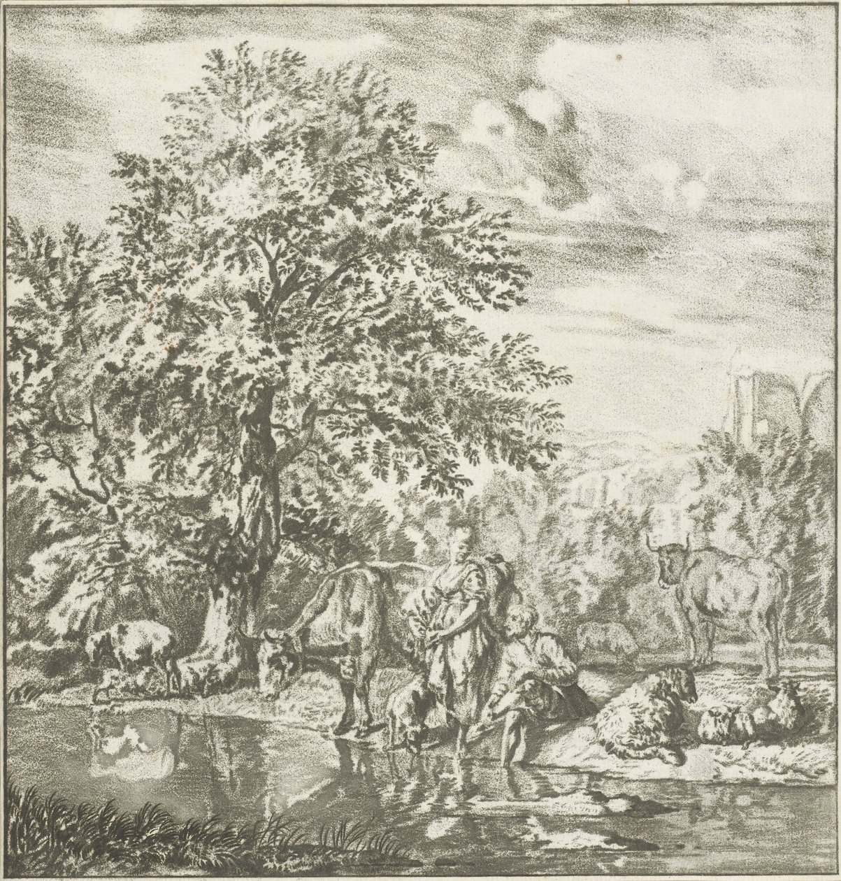 Hyrde og gjeterinne med flokk ved en elv Trykkverk (serietittel) av Cornelis Ploos van Amstel