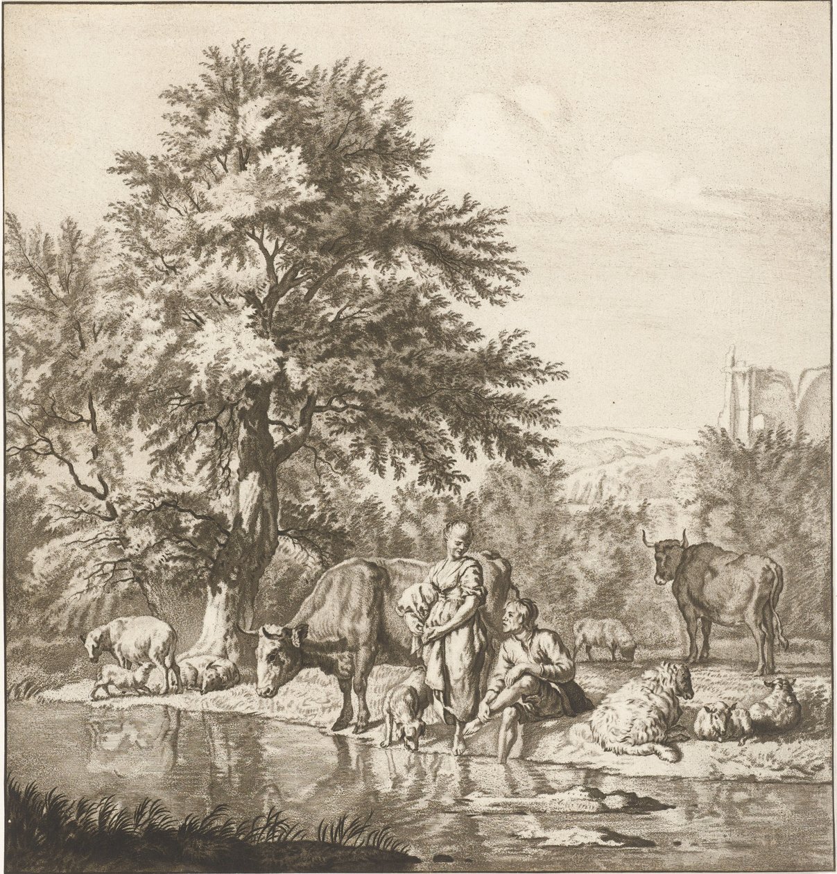 Hyrde og gjeterinne med flokk ved en elv Trykkverk (serietittel) av Cornelis Ploos van Amstel