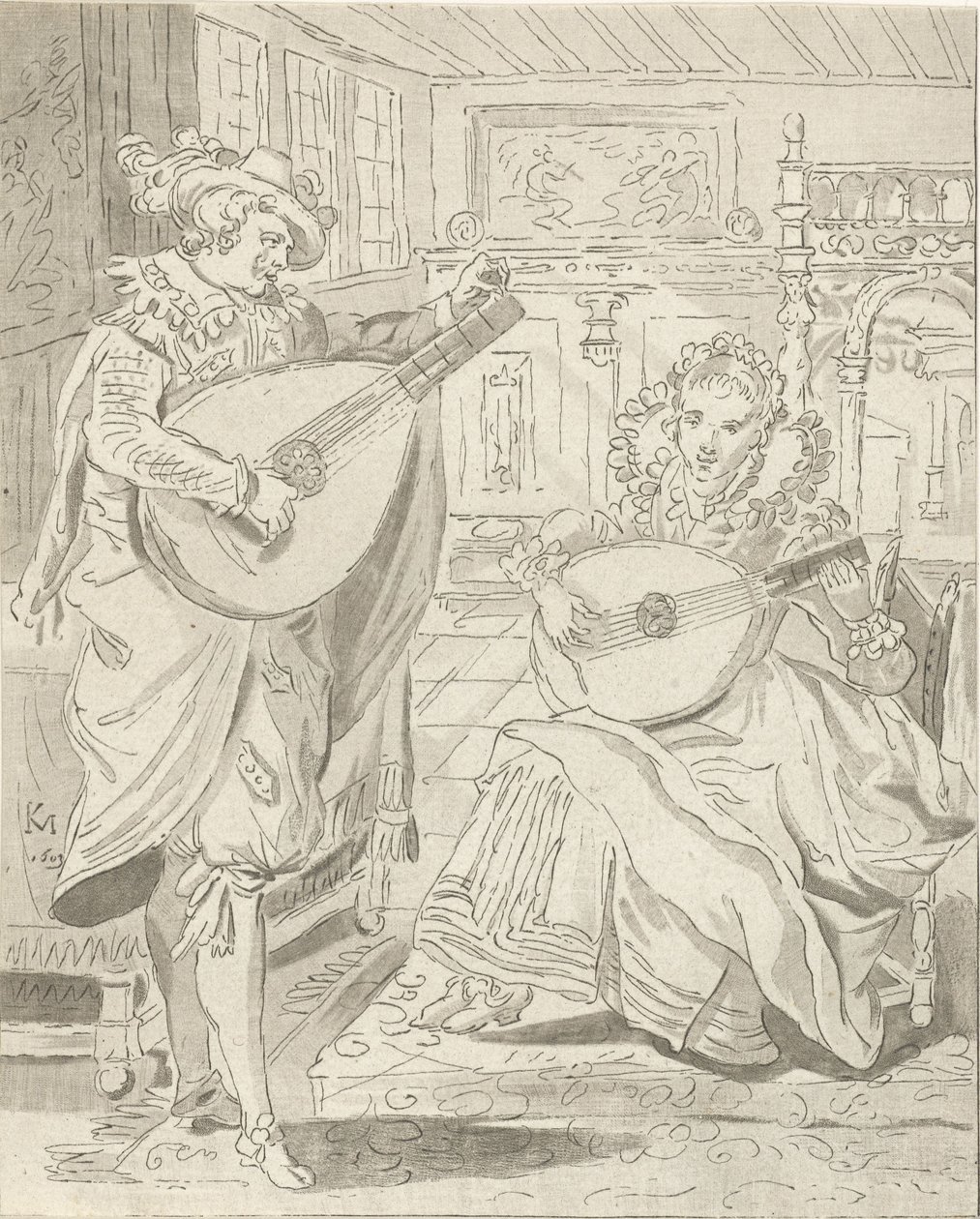 Lute som spiller herre og dame av Cornelis Ploos van Amstel