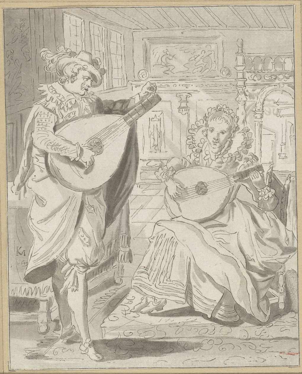 Lute som spiller herre og dame av Cornelis Ploos van Amstel