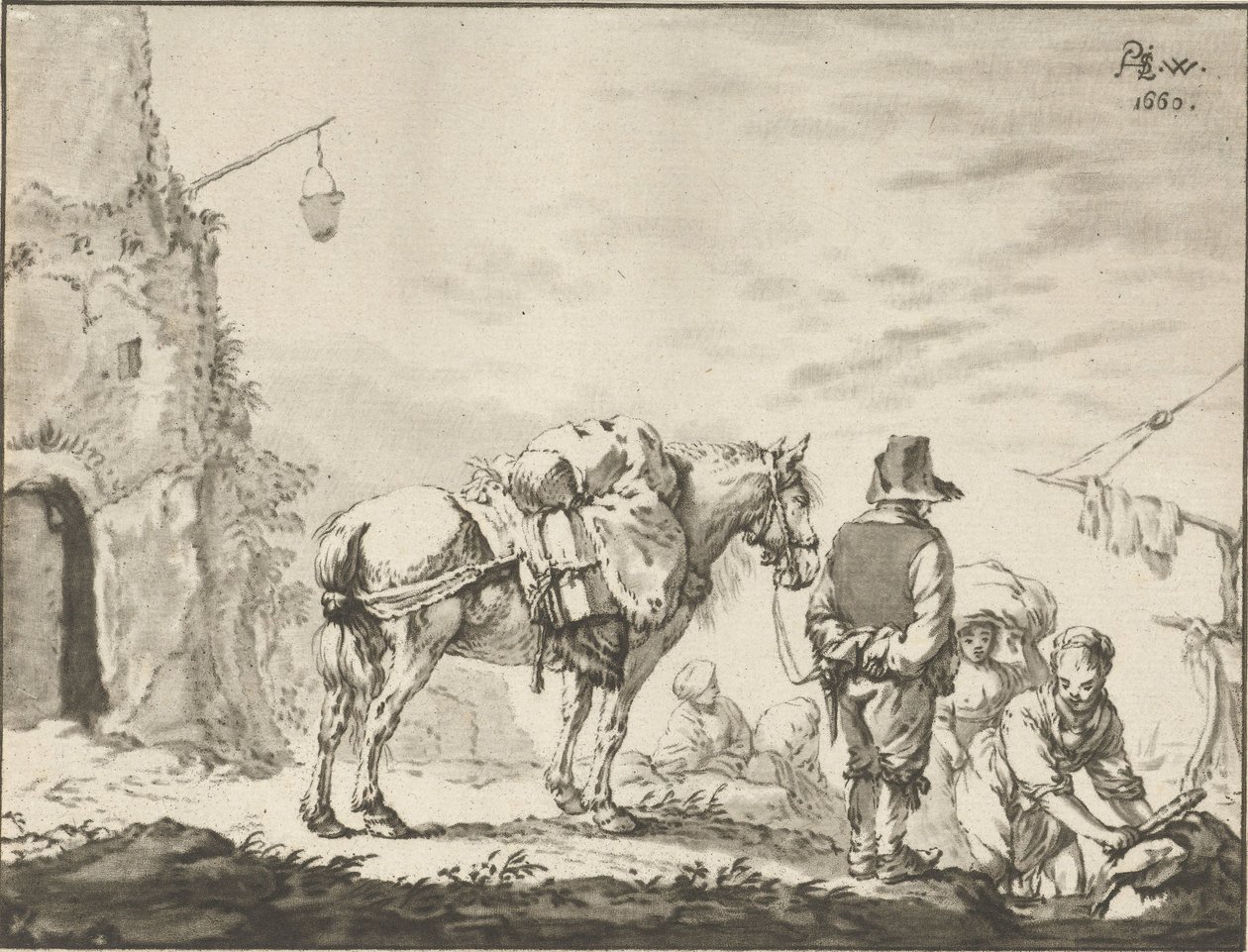 Mann med hest med vaskedame av Cornelis Ploos van Amstel
