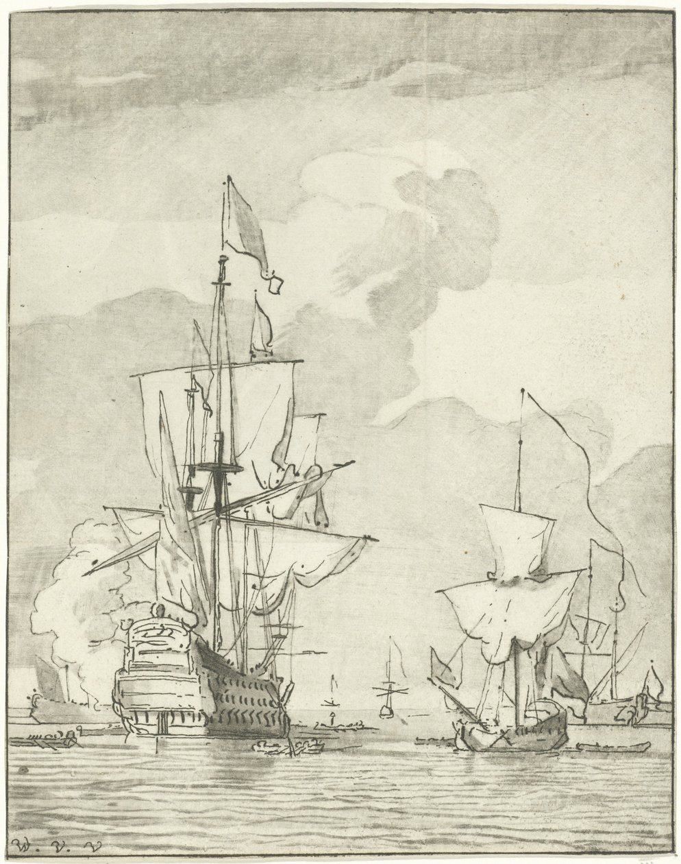 Krigsskip avfyrer et skudd av Cornelis Ploos van Amstel