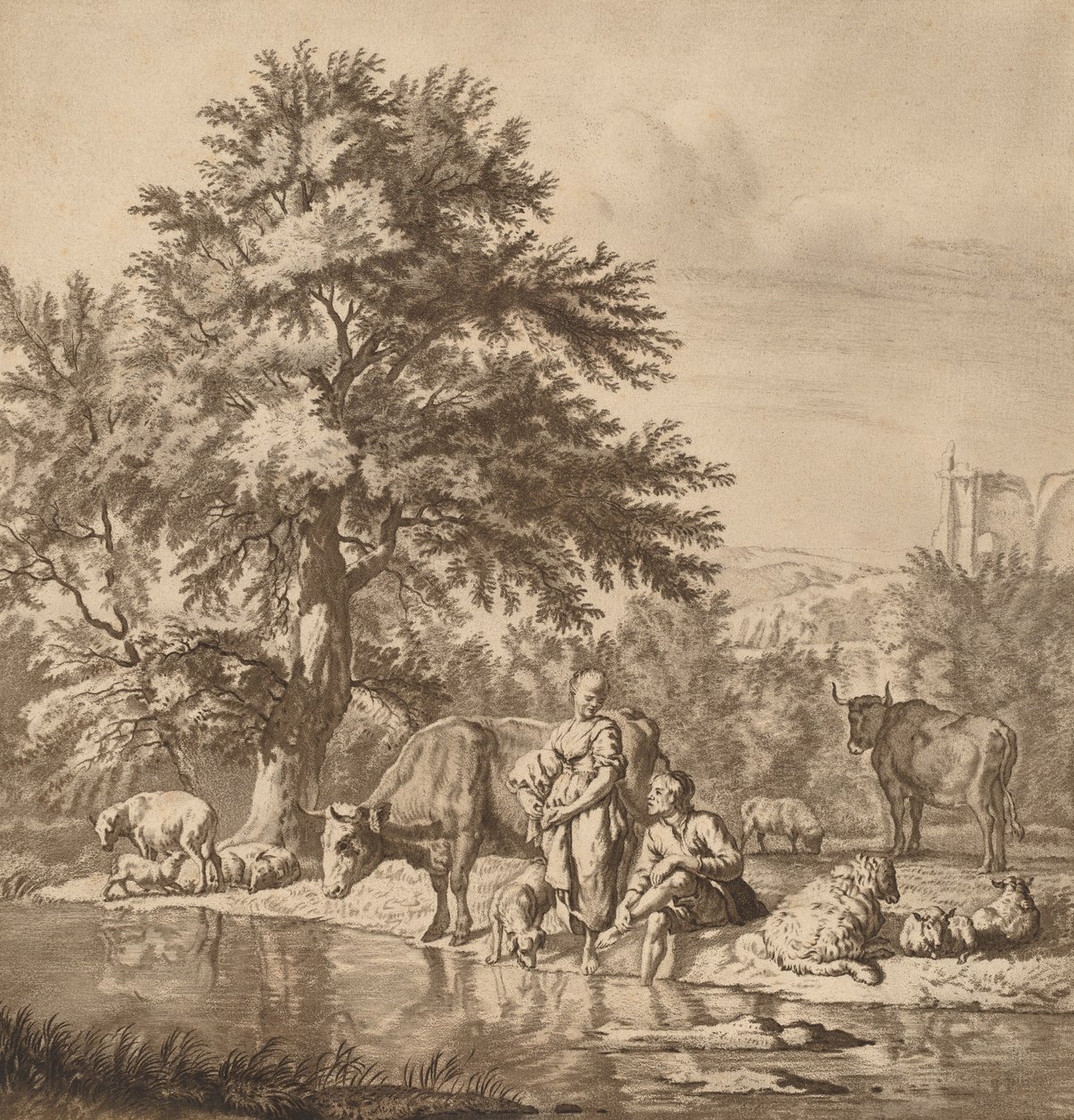 Hyrde og gjeterinne med flokken deres, 1763, utgitt 1765. av Cornelis Ploos van Amstel