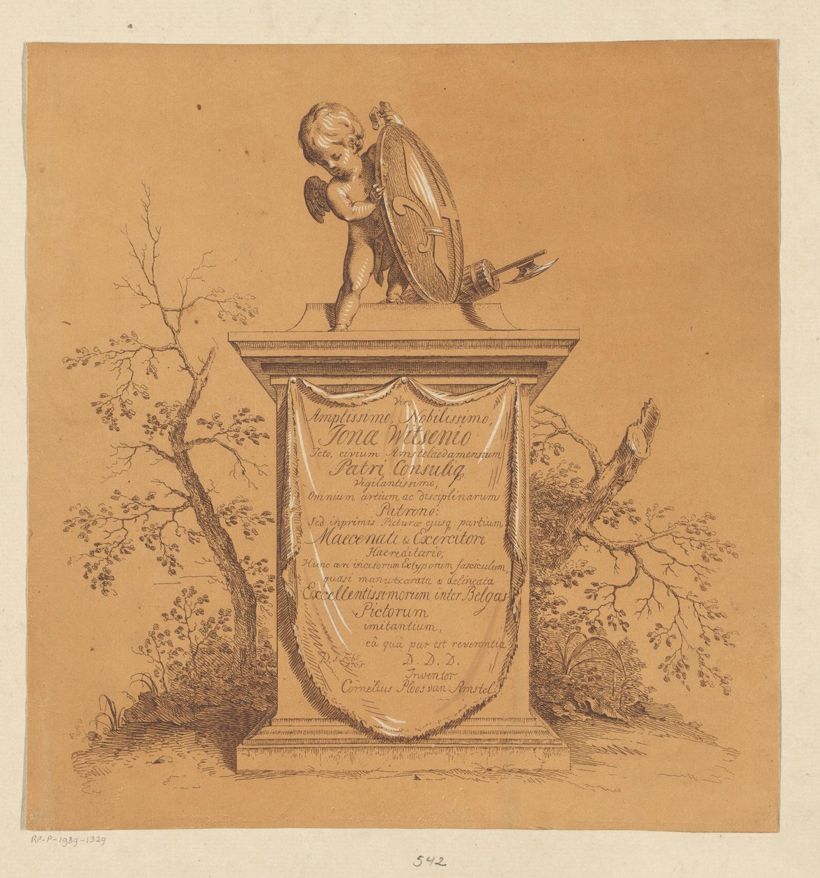 Stående putto på et monument med dedikasjon til Jonas Witsen av Cornelis Ploos van Amstel