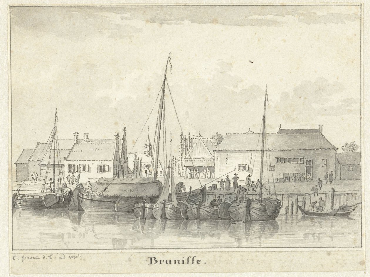Utsikt over havnen i Bruinisse av Cornelis Pronk