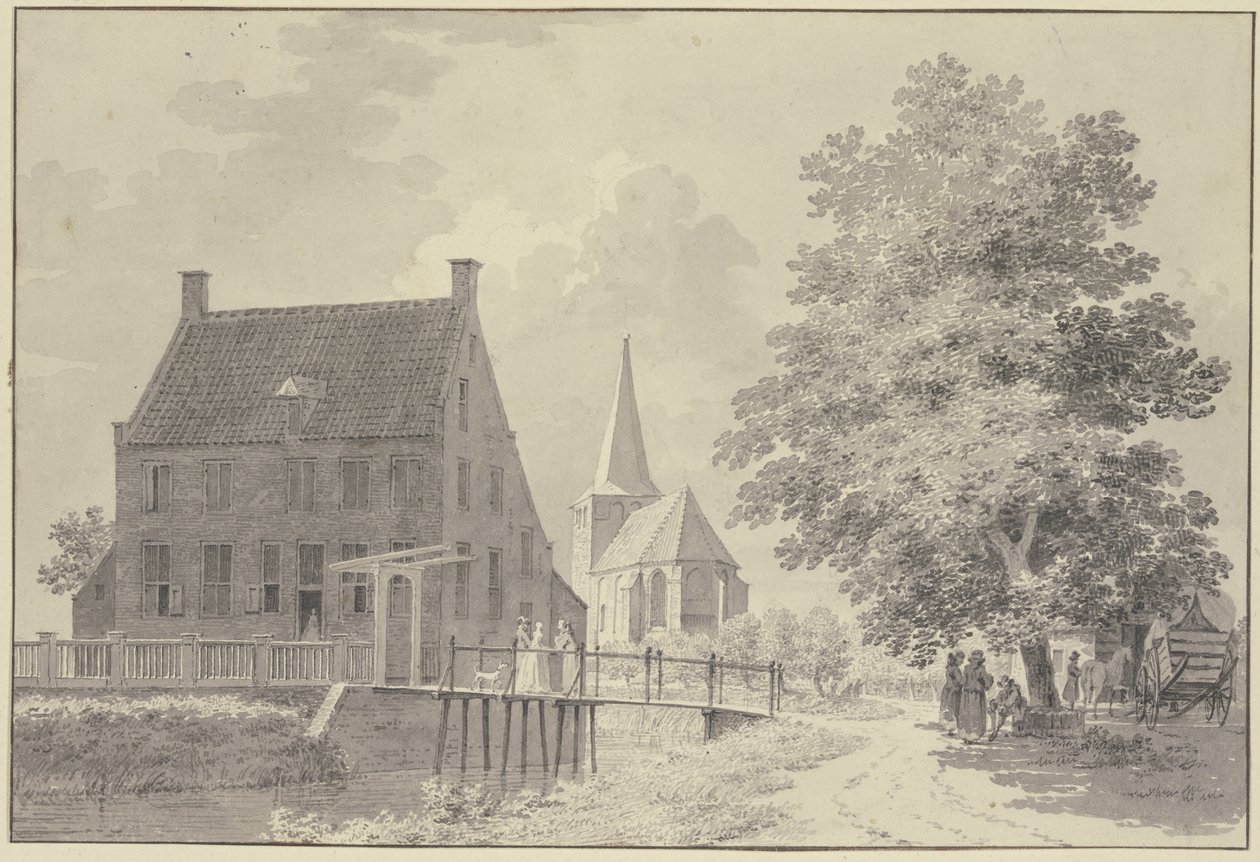 Hus med vollgrav og gangbro, kirken i bakgrunnen, til høyre et tre, under hvilket en vogn og flere figurer står av Cornelis Pronk