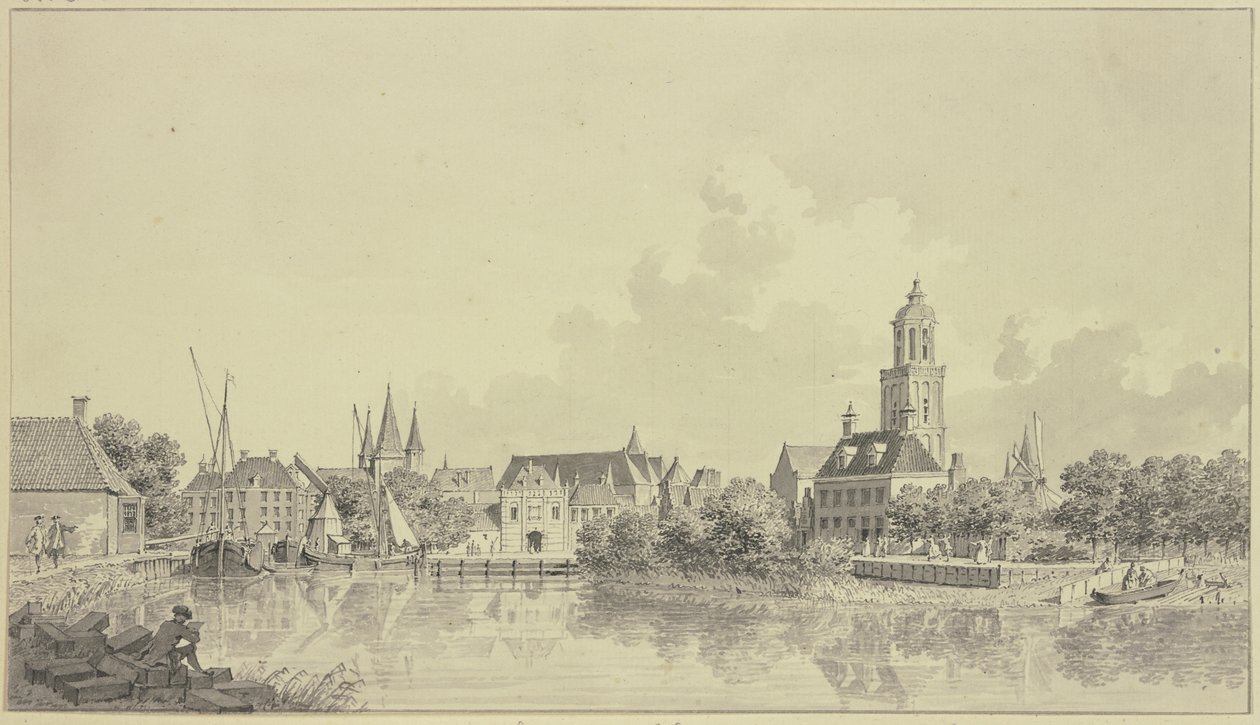 Utsikt over havnen i Zwolle av Cornelis Pronk