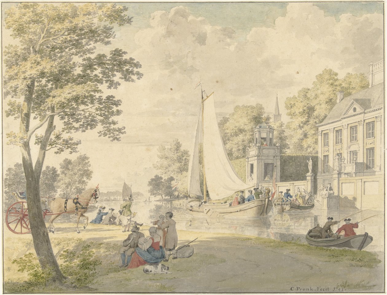 Sommerlandscene med lystskip av Cornelis Pronk