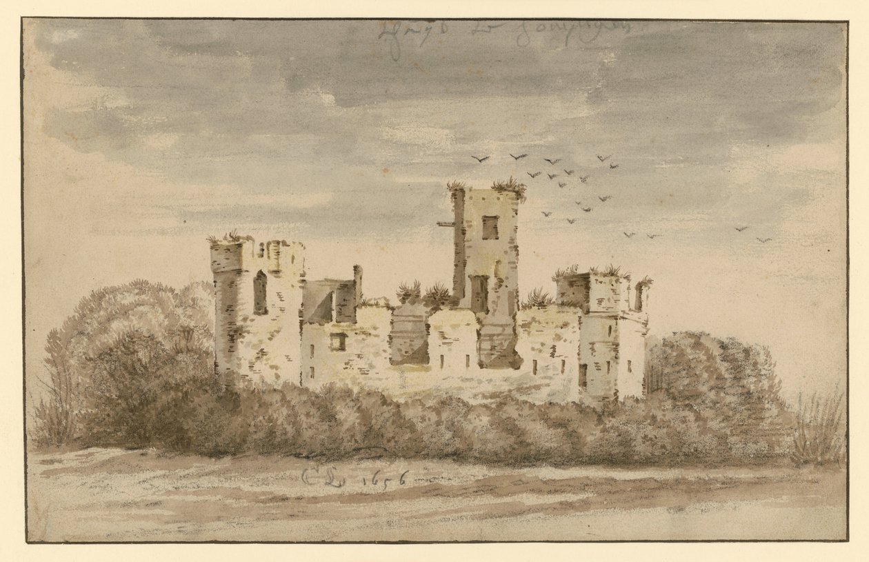 Borgruin, gjengrodd av tett kratt av Cornelis Saftleven