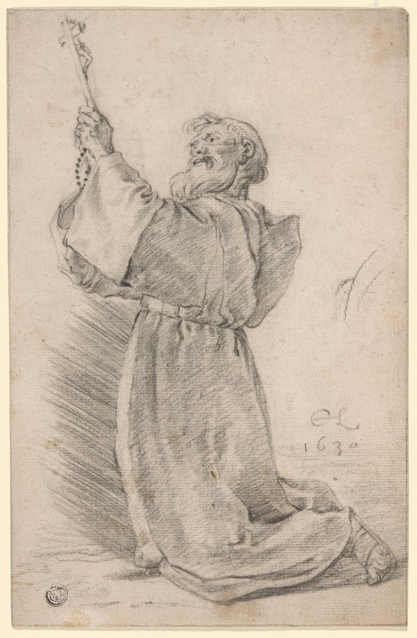 Knelende munk som holder et krusifiks av Cornelis Saftleven