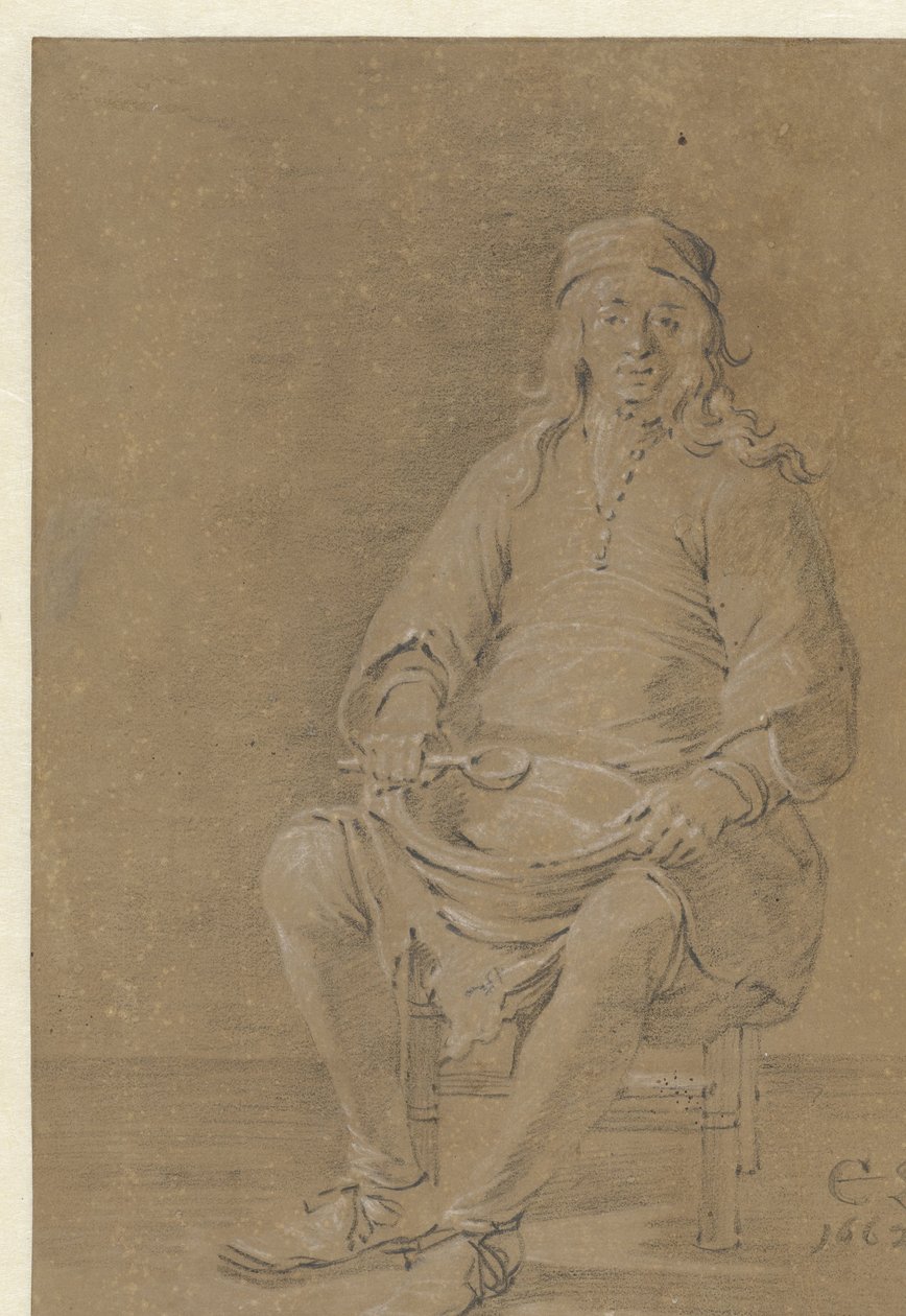 Sittende mann med en bolle på fanget av Cornelis Saftleven