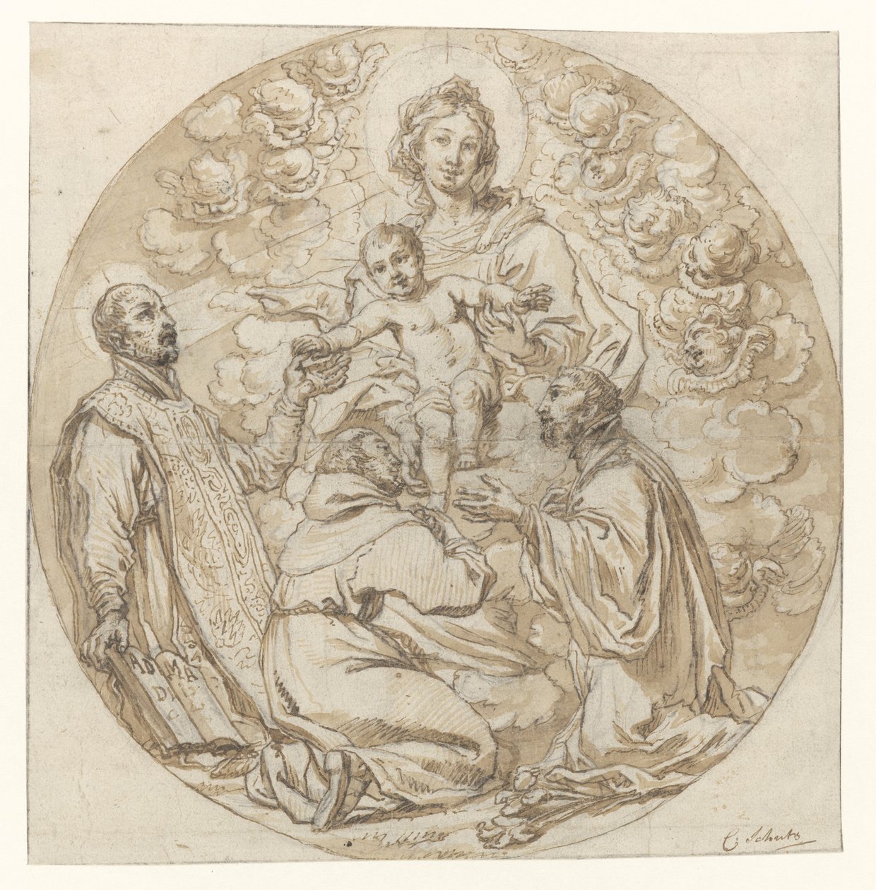 Jomfru og barn tilbedt av den hellige Ignatius av Loyola, den hellige Frans Xavier og den hellige munk av Cornelis Schut (I)