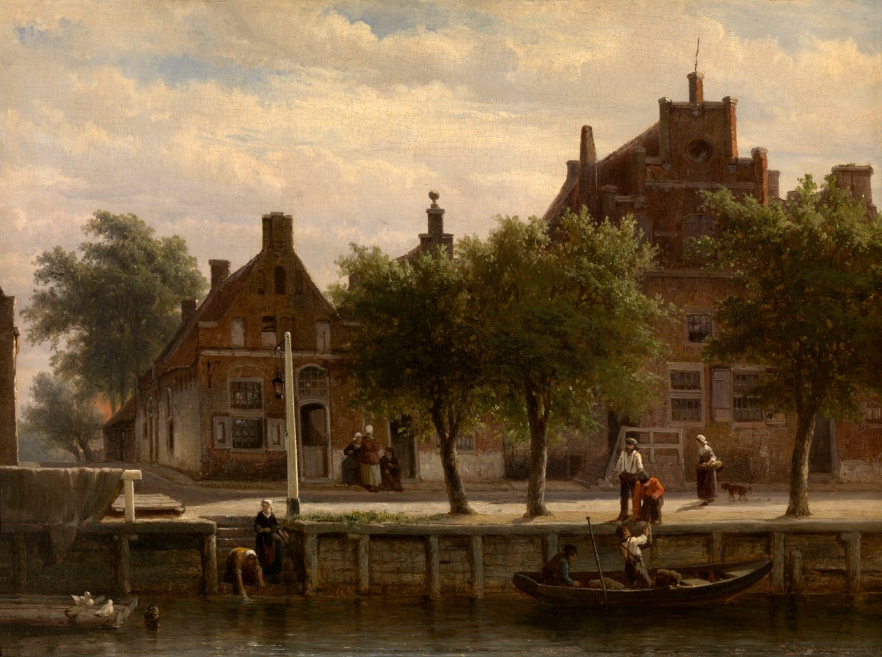 Utsikt over havnen i Hasselt, Overijssel av Cornelis Springer