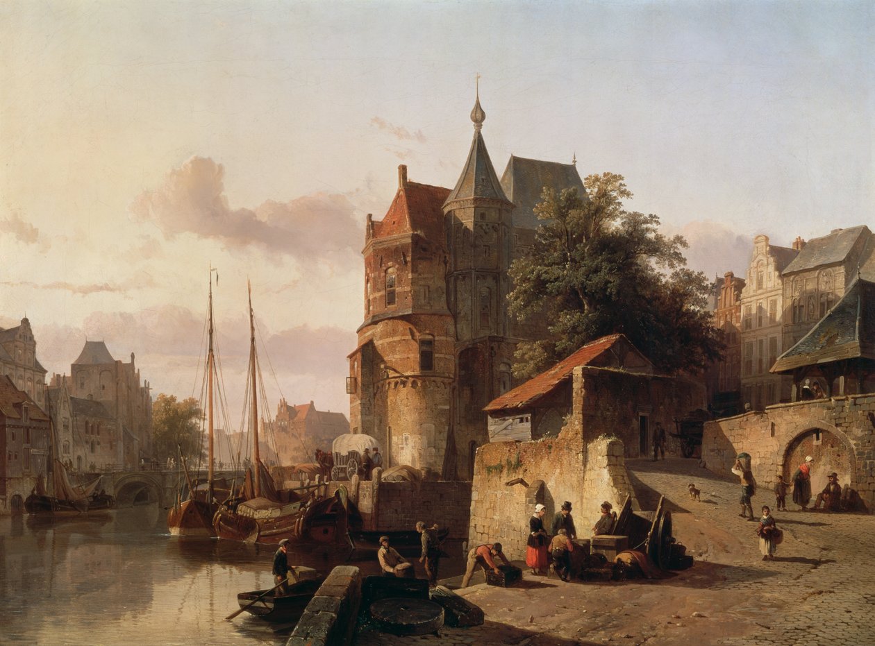 Nederlandsk scene: Befestede bygninger ved bredden av en kanal av Cornelis Springer