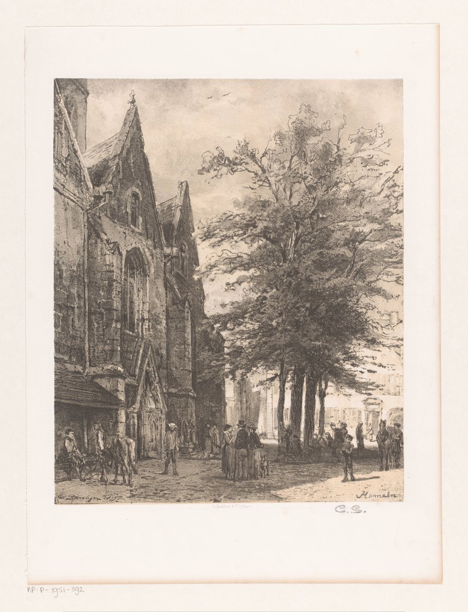 Folk foran Markedskirken på Hameln Hamelin (tittel på objekt) av Cornelis Springer