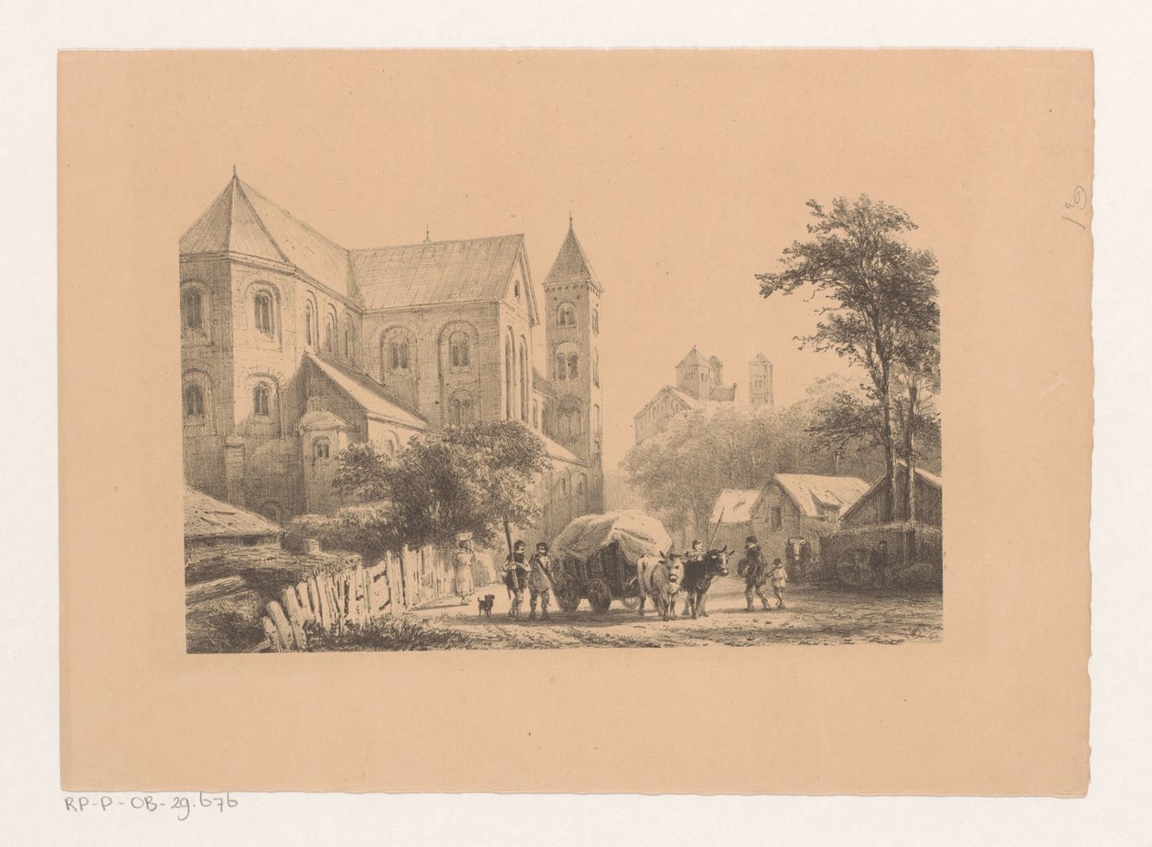 Storfe med vogn foran kirken fra 1000-tallet Peterskirken av Cornelis Springer