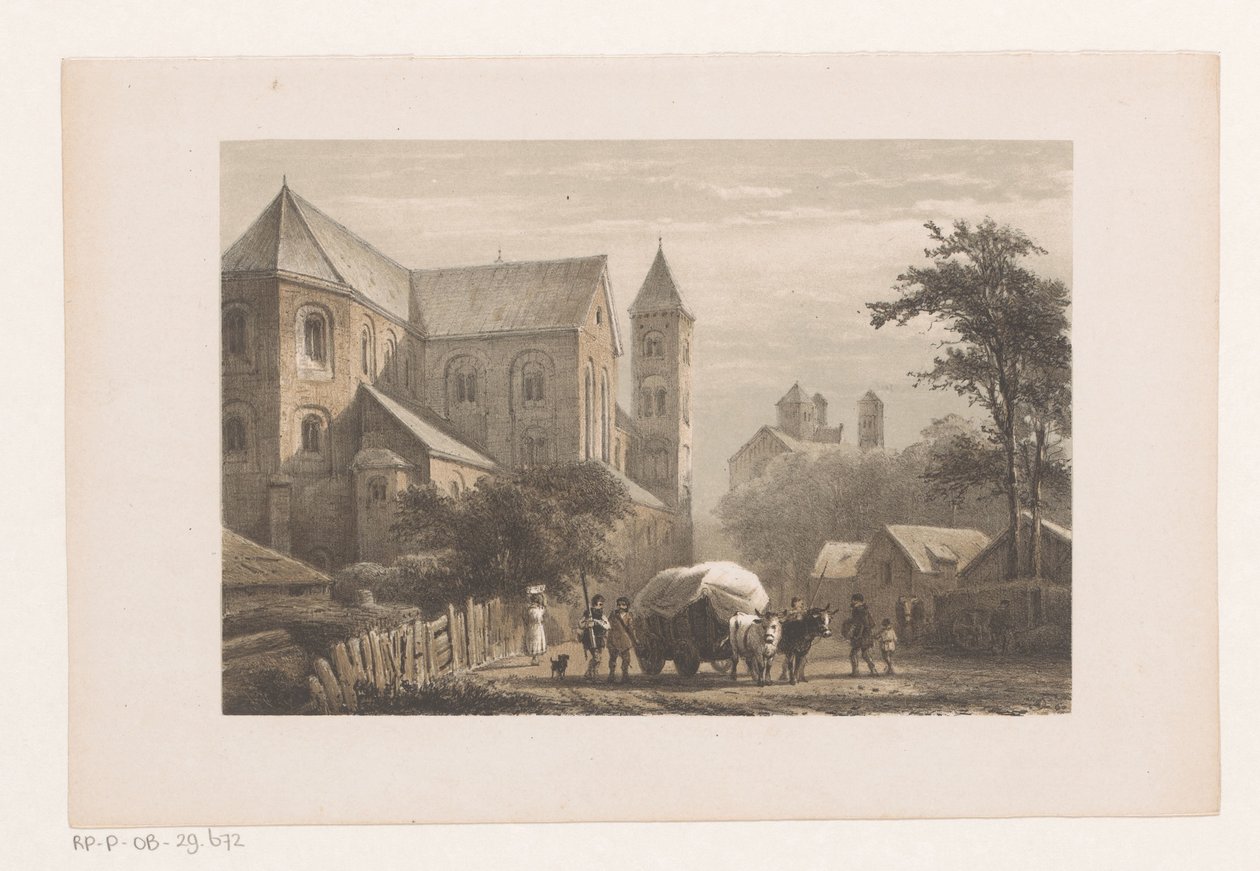Storfe med vogn foran kirken fra 1000-tallet Peterskirken av Cornelis Springer