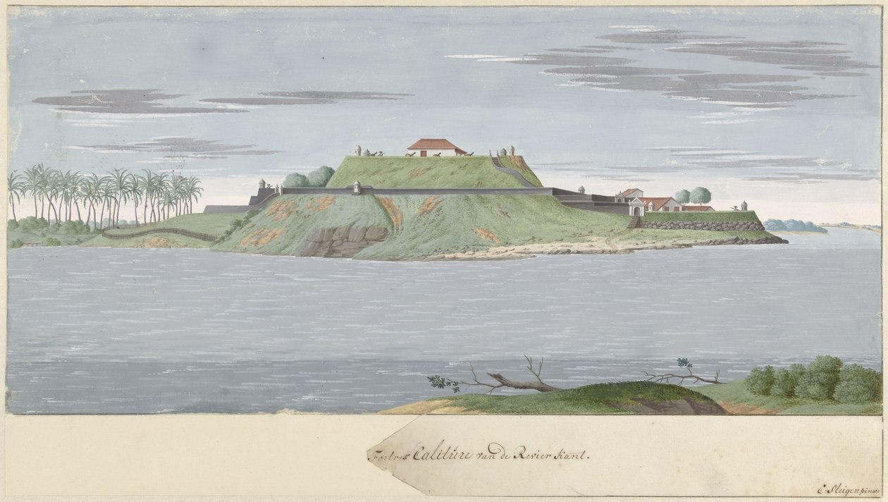 Fort Caliture i Ceylon, sett fra elven Fortres Caliture fra Revier-siden (tittel på objekt) av Cornelis Steiger