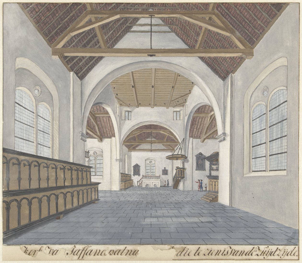 Interiør av kirken i festningen Jaffnapatnam i Jaffna på Ceylon kirken [n] Jaffanapatna[m (...)] som kan sees fra sørsiden (tittel på objekt) av Cornelis Steiger