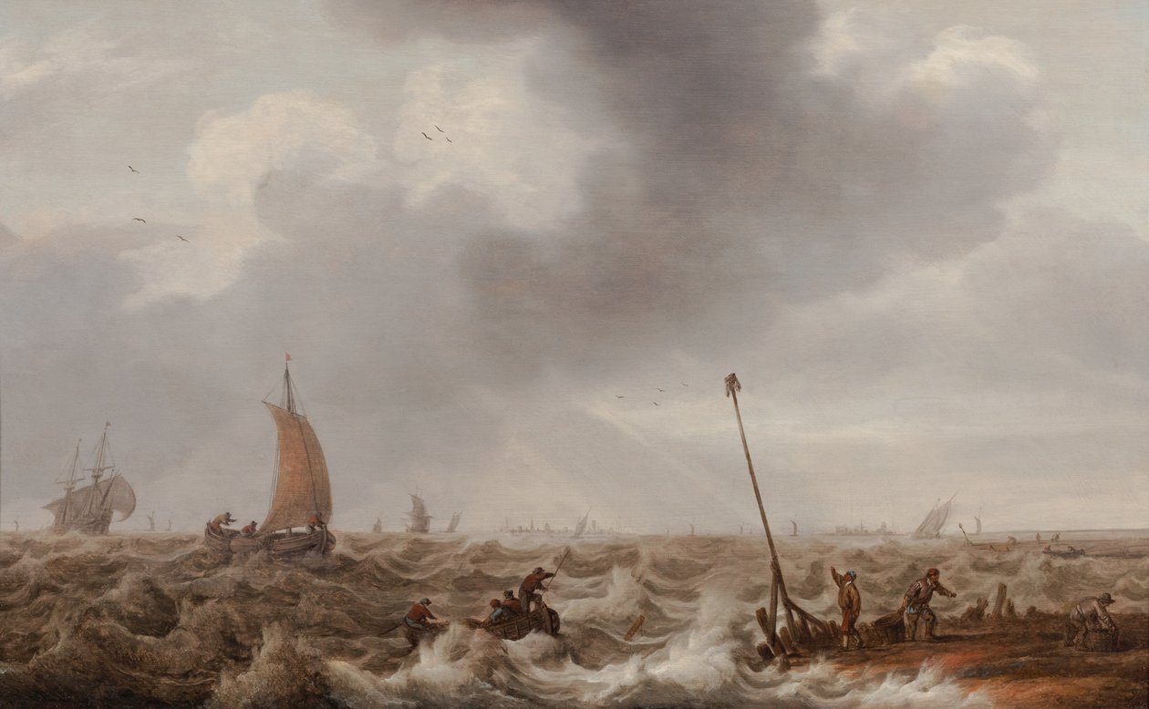 Frakt i Choppy Seas langs kysten med en brygge, et fyrtårn og en by i det fjerne, ca. 1600-55 (olje på panel) av Cornelis Stooter