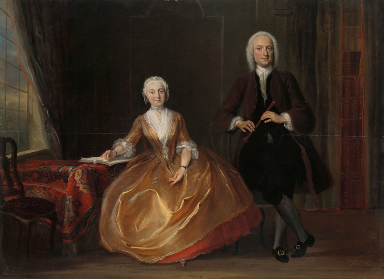 Et par som lager musikk Cornelis Troost (1696-1750), olje på panel, 1743 av Cornelis Troost