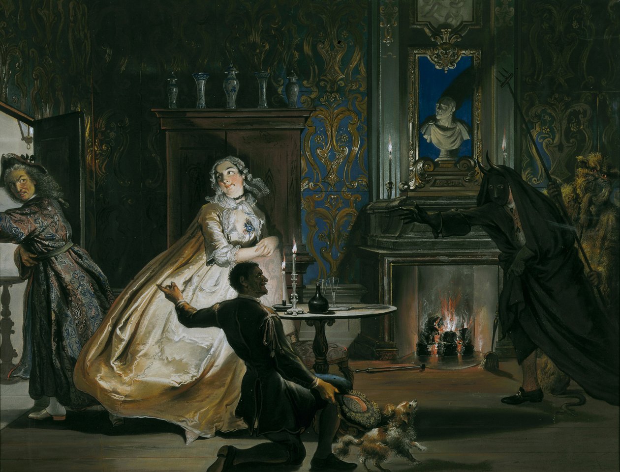Kaptein Ulrich eller grådighet hindret: Forkledd, Godefroy og hans tjener satte kaptein Ulrich på flukt, 1738 av Cornelis Troost