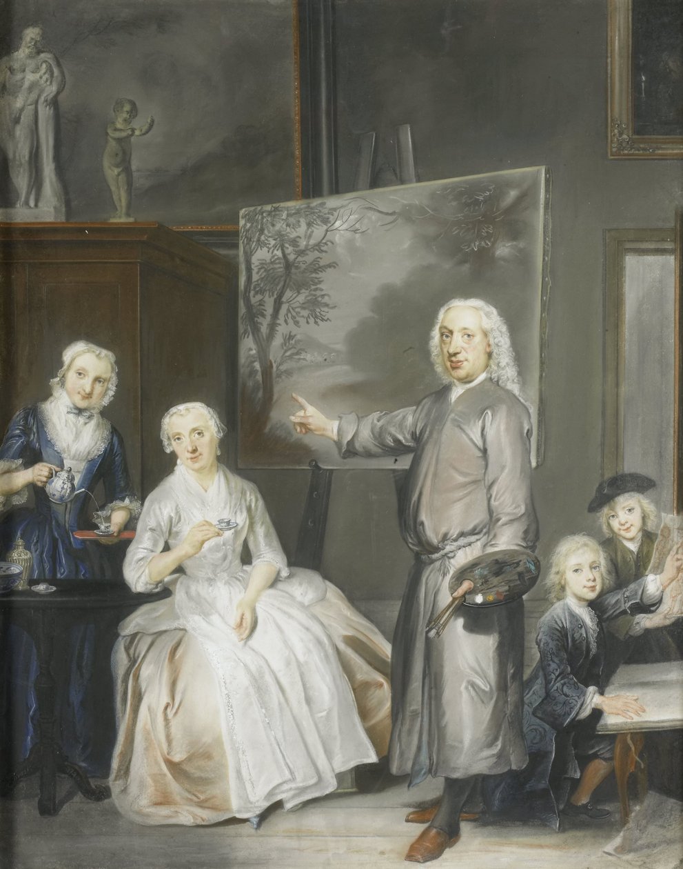 Landskapsmaleren Dirk Dalens III (1688-1753) med sin andre kone Maria Schaack (d. 1766) og barna Anna (født 1725), Willem (1737-60) og Jacobus (1741-63) av Cornelis Troost