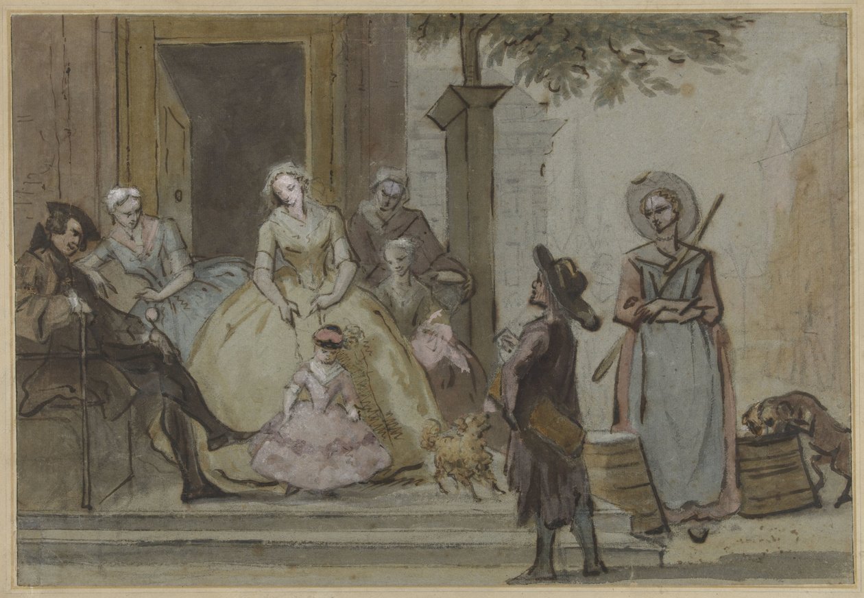 Hurdy-gurdy-spiller for en lyttende familie på dørstokken i rekkehus av Cornelis Troost