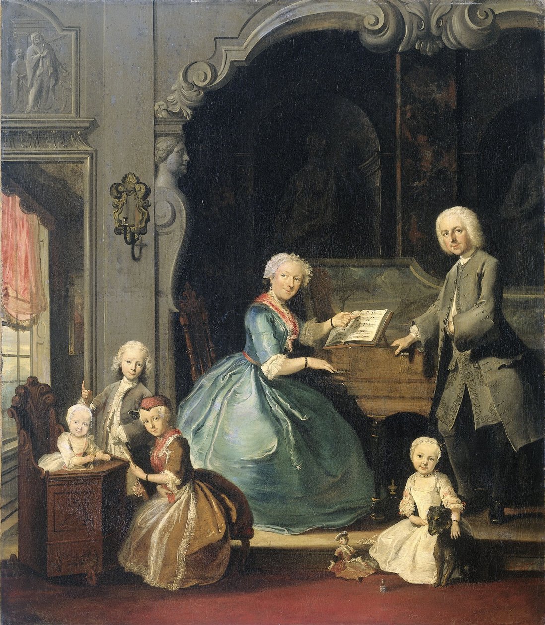 Familiegruppe nær et cembalo, 1739 av Cornelis Troost