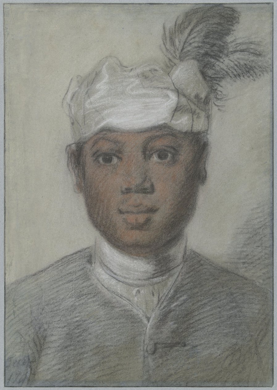 Hodet til en svart ung mann med fjærkledd turban av Cornelis Troost