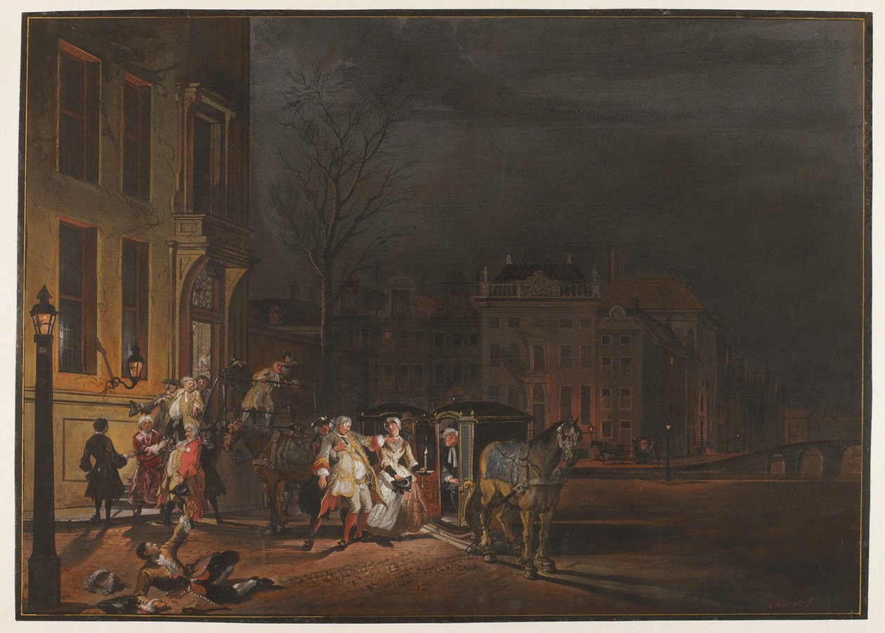 Et selskap fornemme herrers avreise etter en munter aftenfest av Cornelis Troost