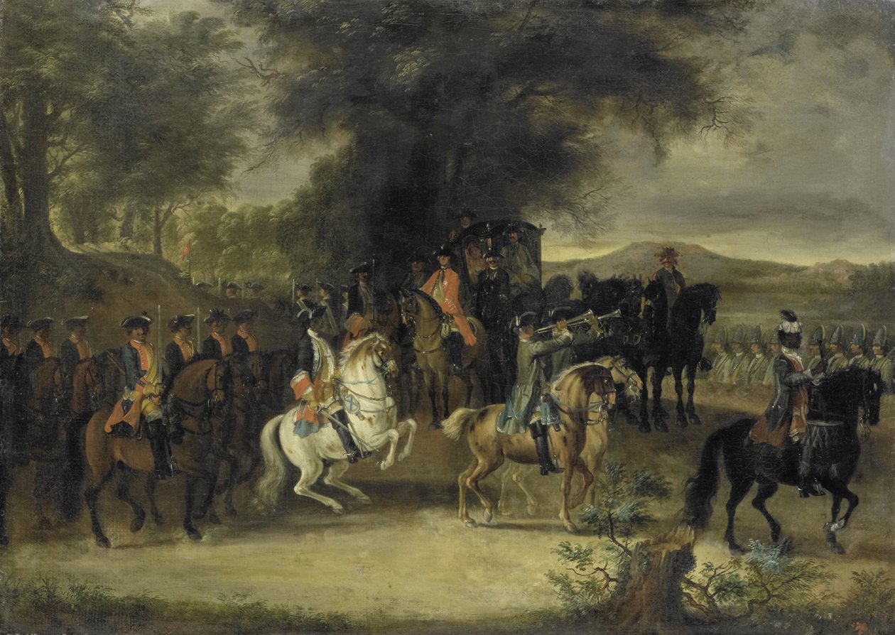 Inspeksjon av et kavaleriregiment, kanskje av William av Hessen-Homburg av Cornelis Troost