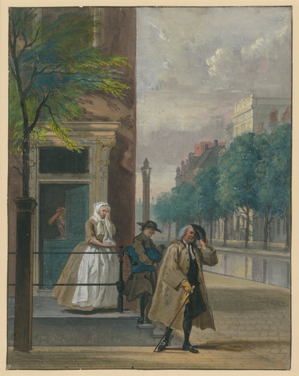 Scene fra en komedie («Den avslørte hyklerske dyd» av Lingelbach) av Cornelis Troost