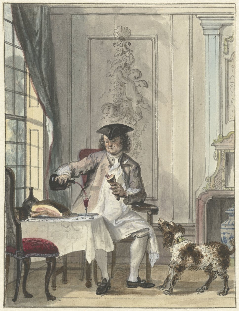 Spisemann med et glass vin og et bein av Cornelis Troost