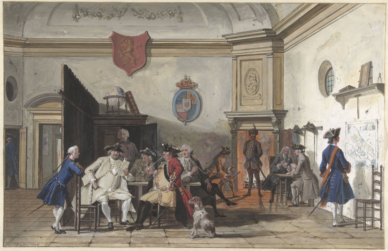 Vaktrom med lesing, røyking og kortspill av Cornelis Troost