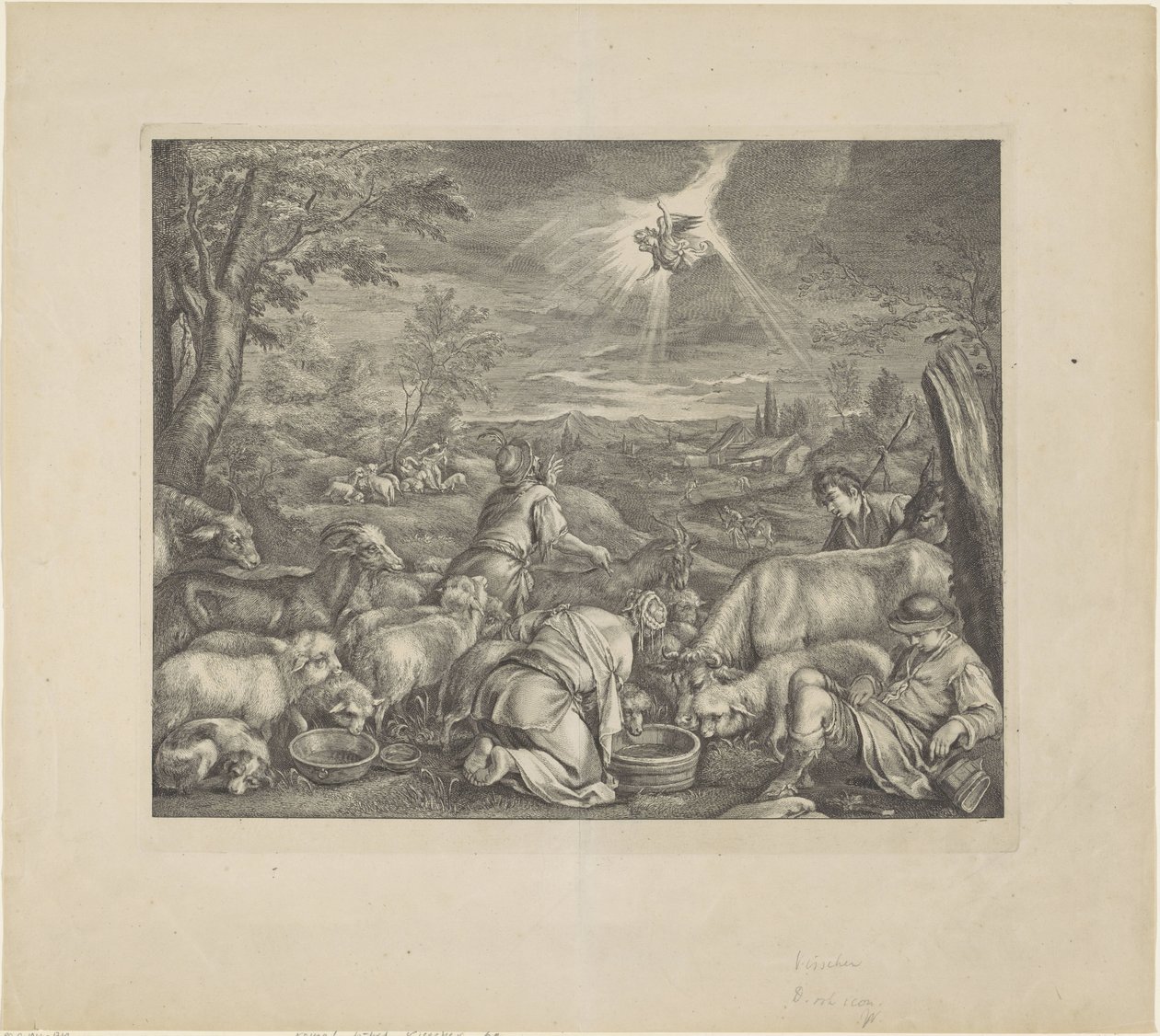 Abraham drar til Sikem / Bebudelse til hyrdene Royal Bible (serietittel) av Cornelis Visscher (II)