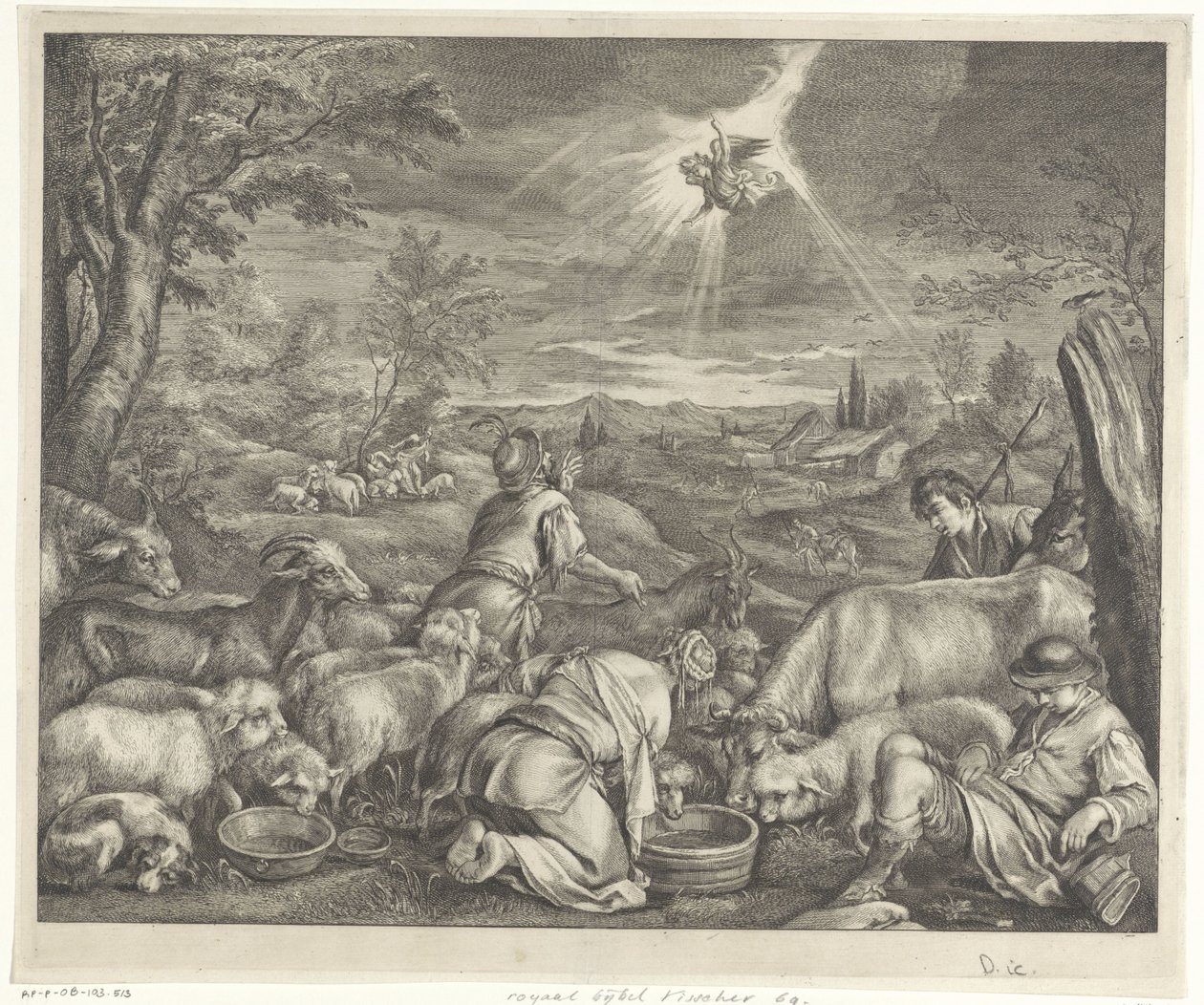 Abraham drar til Sikem / Bebudelse til hyrdene av Cornelis Visscher (II)