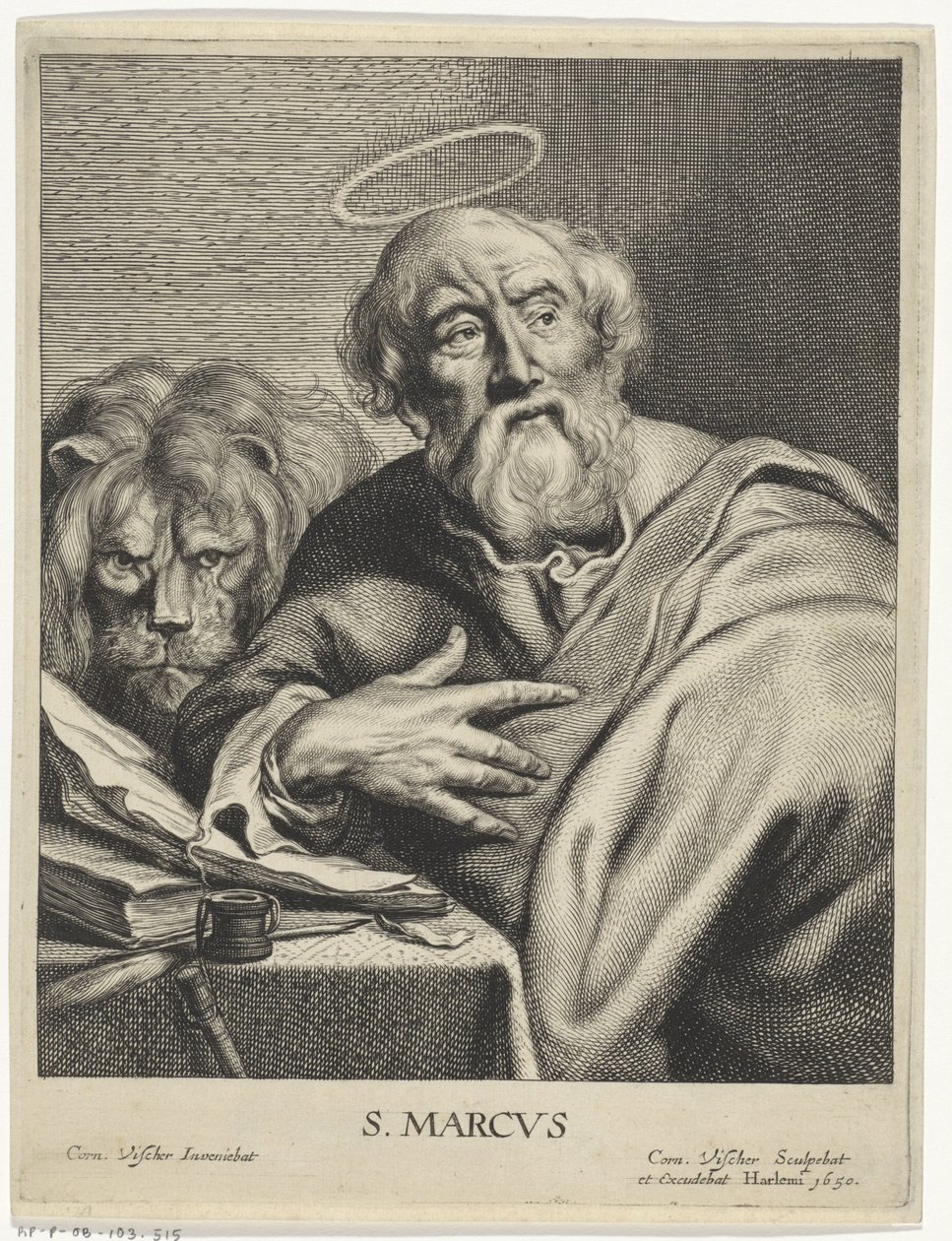 Evangelist Mark med løve S. MARCVS (tittel på objekt) Fire evangelister (serietittel) av Cornelis Visscher (II)