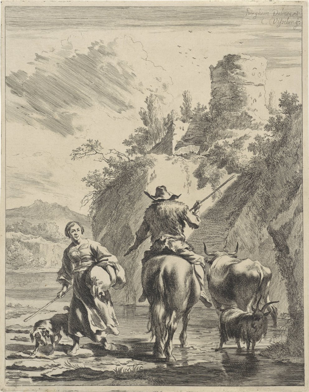 Hyrde og gjeterinne på en festning Bølgende landskap (serietittel) av Cornelis Visscher (II)