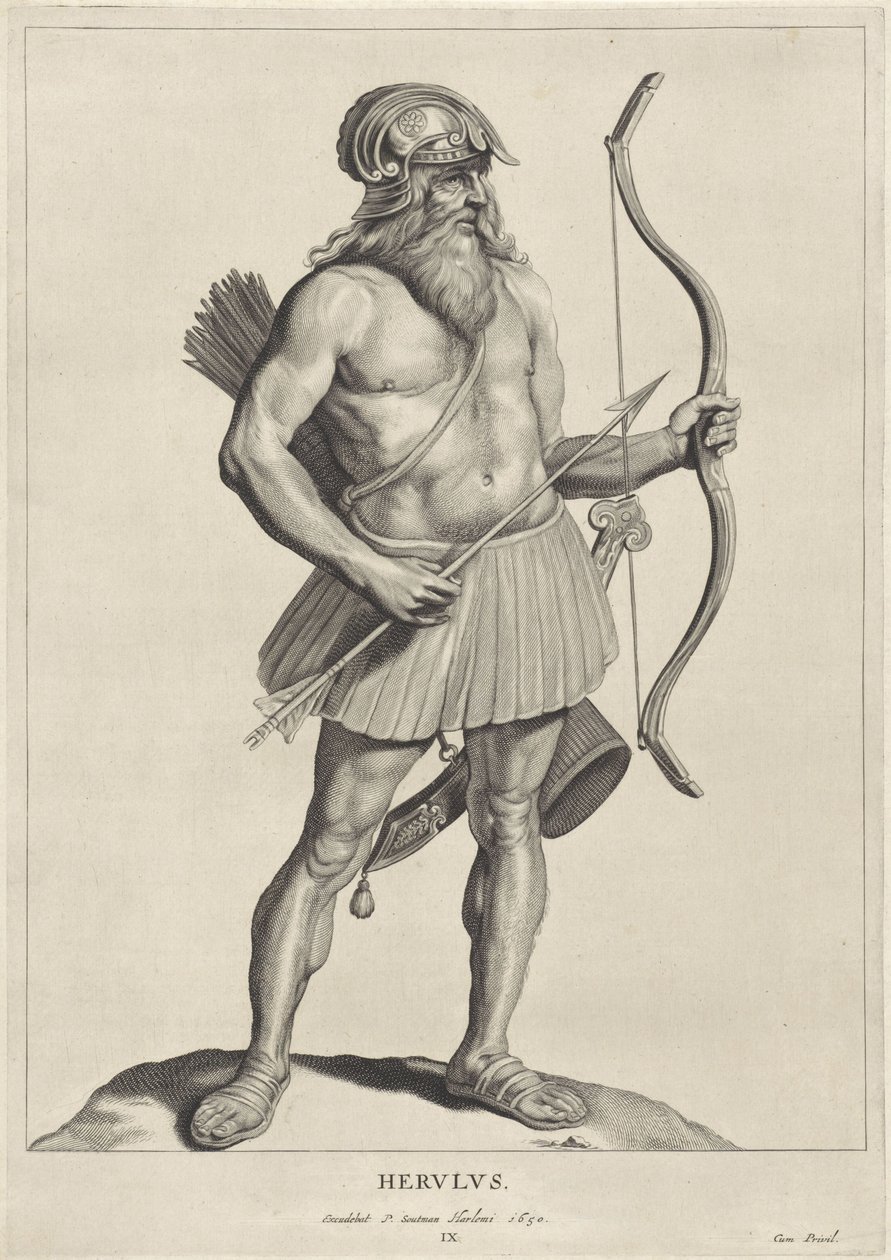 Herulan Herulus (tittel på objekt) Oude hier woonachtige volken (serietittel) Peplus eller goterne, vandalene, schwaberne, heruliene, gepidene, markomannerne og de eldgamle firedoblet Bilder fra de gamle monumentene og museet til Marcus Zuerius Boxhornius  av Cornelis Visscher (II)